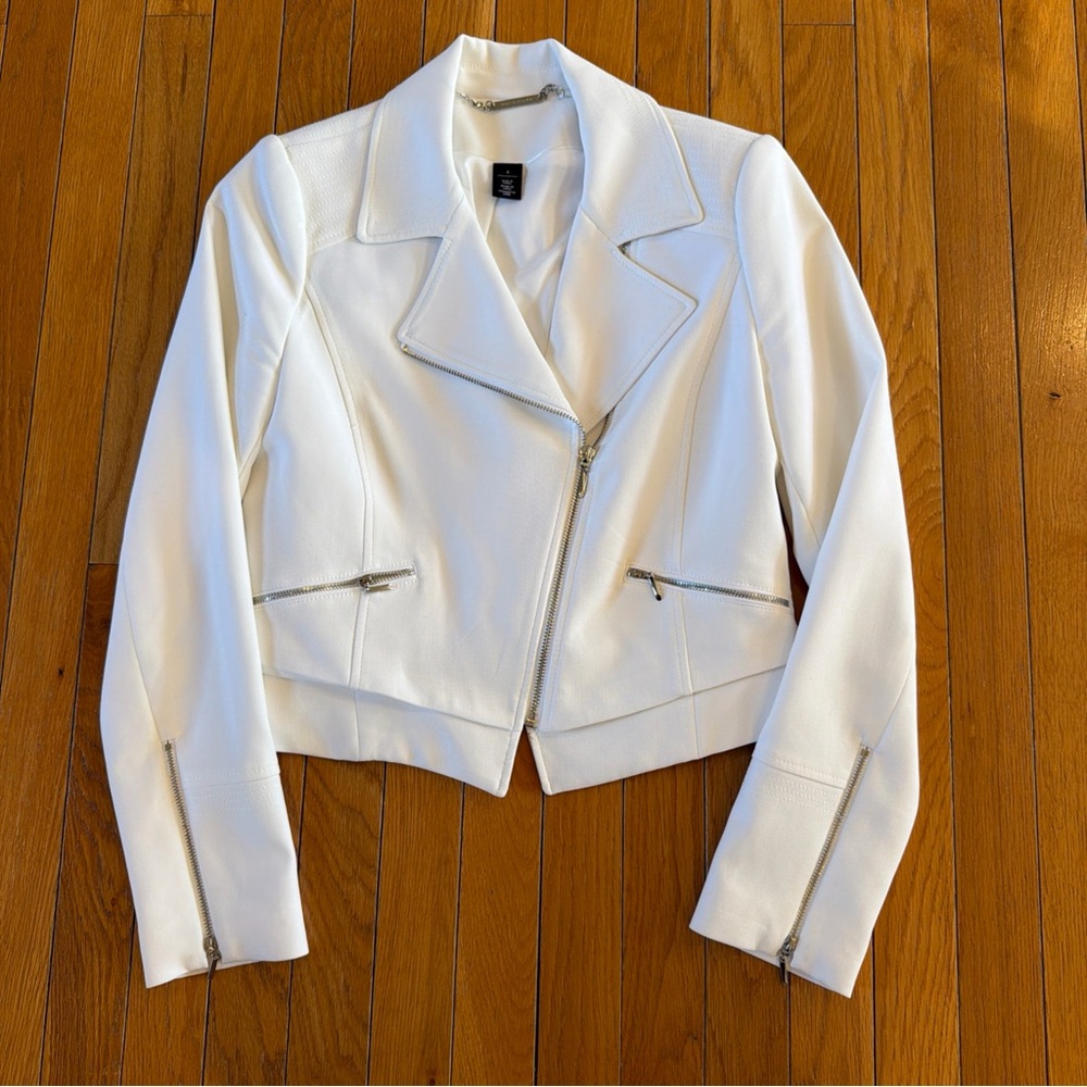 White House Black Market Womens 4 Asymmetrical Silver Zipper Front Blazer Jacket
